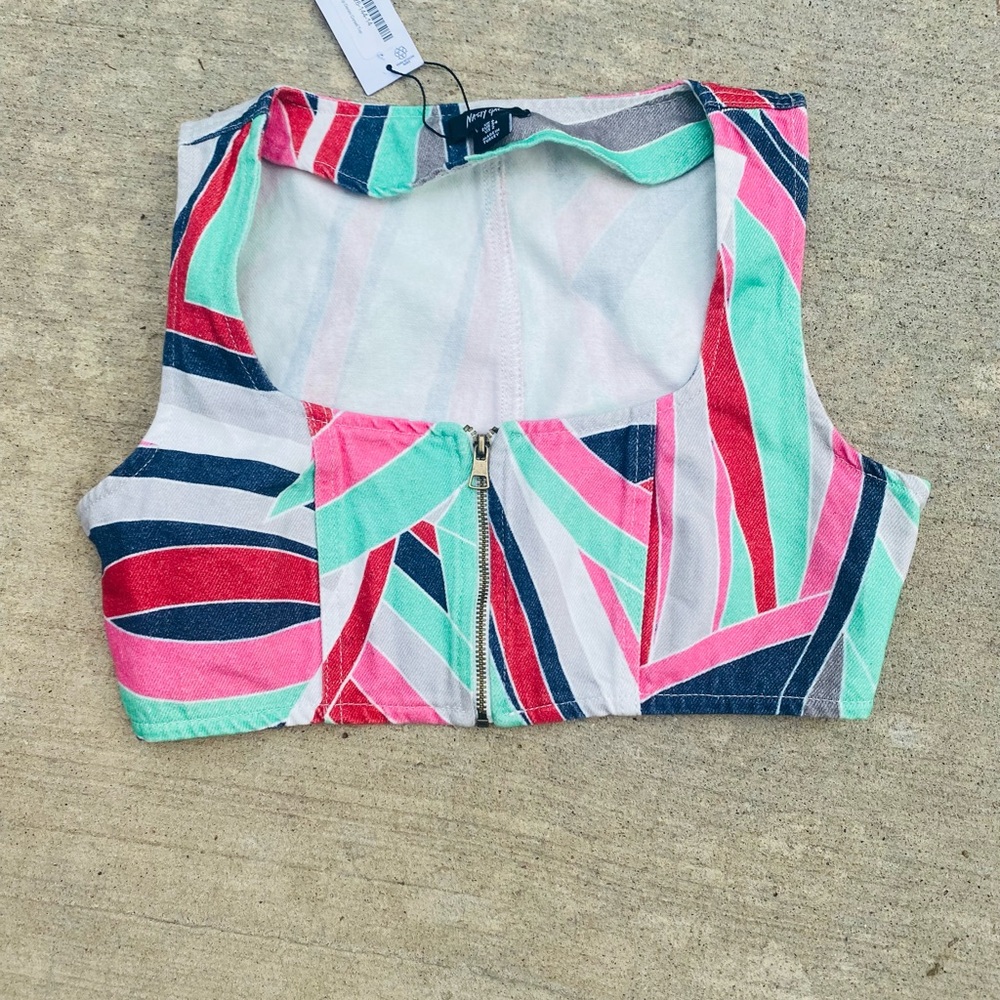 NWT Nasty Gal Multicolor Patterned Vest Petite City Scout Print Zip Denim top